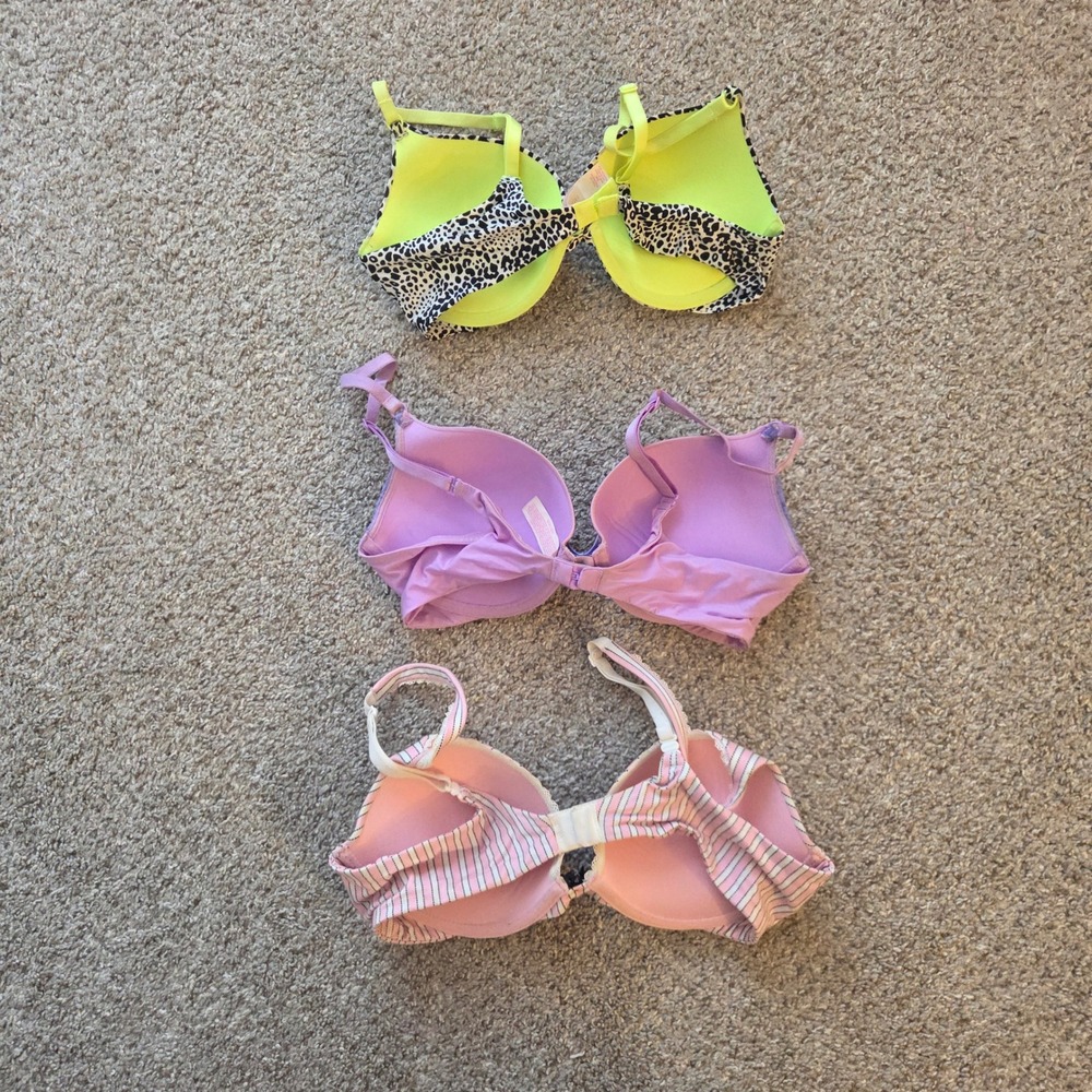 Victoria's Secret Push Up Bra 34C Leopard Lace Stripe Purple Pink Lot of 3pc - Picture 8 of 14